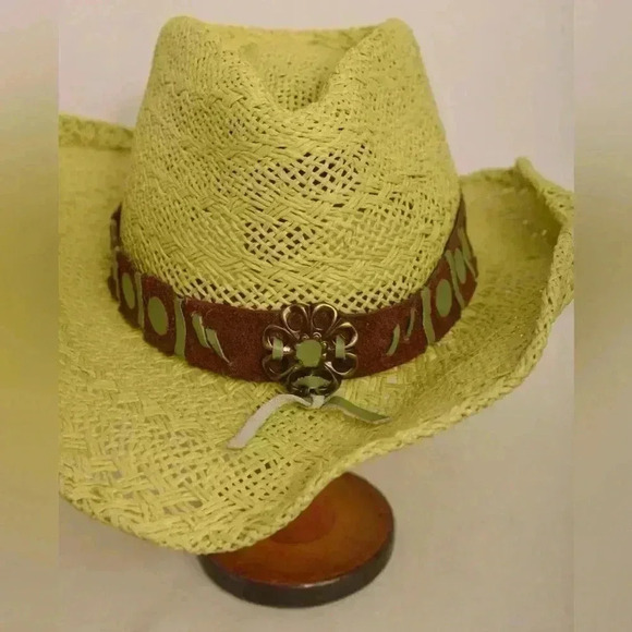 Children Bullhide Cowboy Hat Neon Yellow Straw Woven Western Leather Strap - Picture 3 of 6